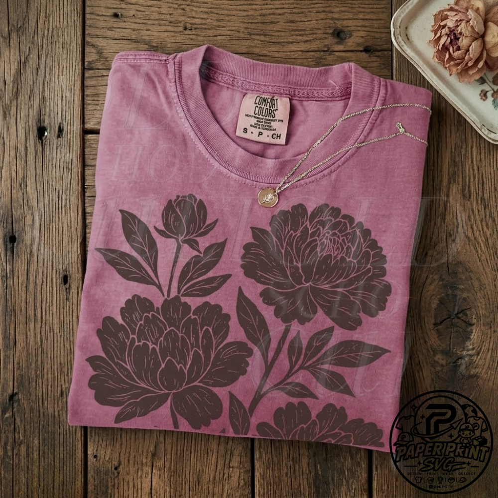 Linocut Flower Comfort Colors Vintage Style Tshirt Retro Block Print Peonies Shirt